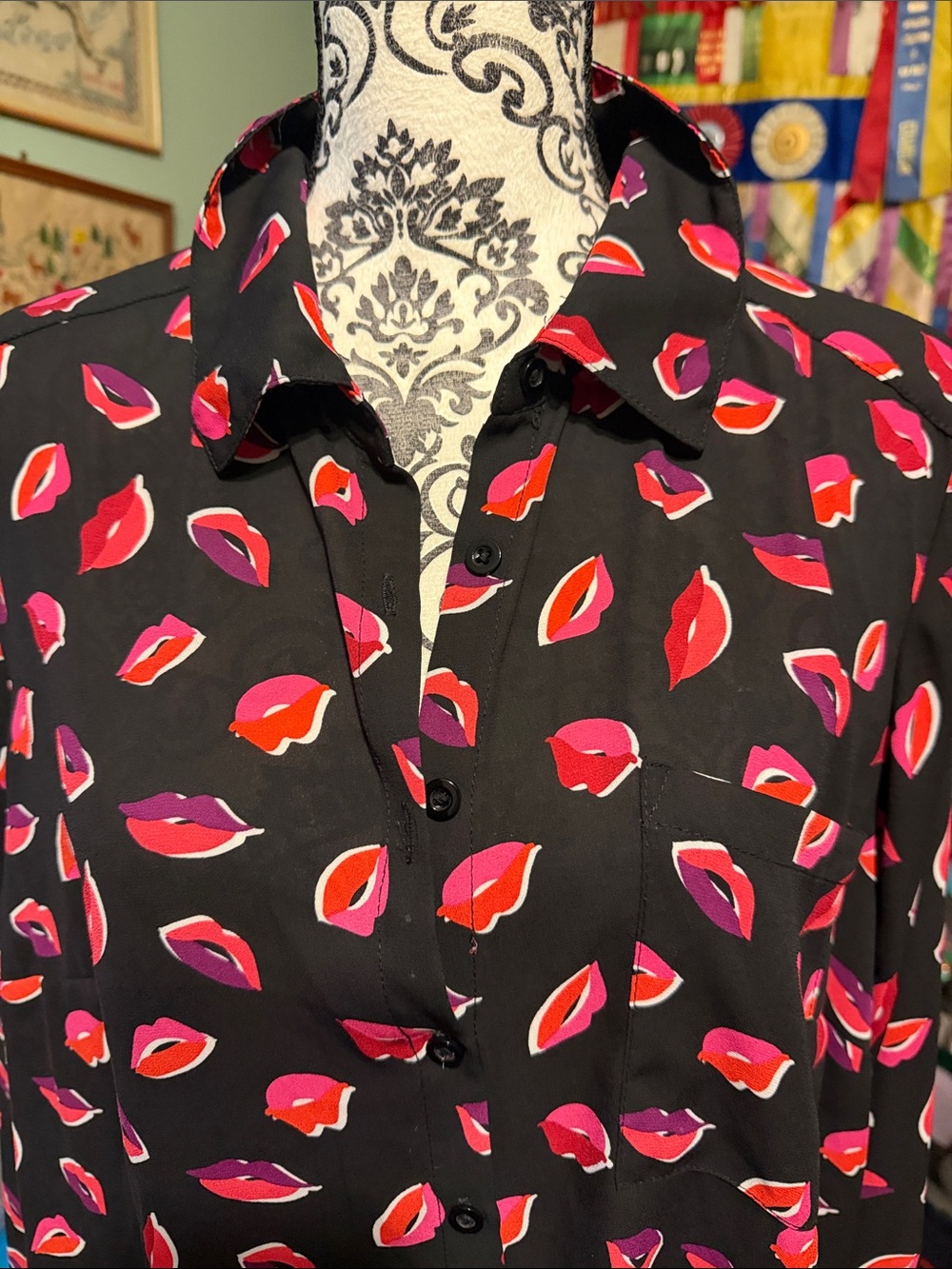 Torrid Black Button-Down Blouse with Pink and Red Lip Print - Picture 2 of 2
